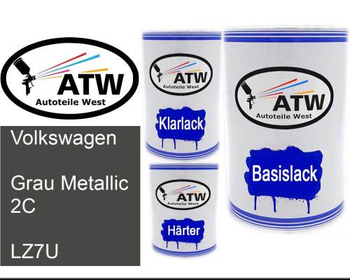 Volkswagen, Grau Metallic 2C, LZ7U: 500ml Lackdose + 500ml Klarlack + 250ml Härter - Set, von ATW Autoteile West.